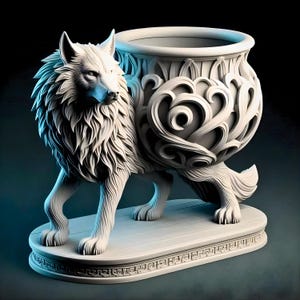 May include: A white wolf-shaped decorative vase. The vase has a large, open top and is supported by the wolf's body and legs. The wolf has detailed fur and a stern expression. The vase is 12 inches tall and 8 inches wide.