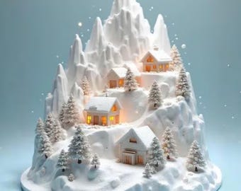 Puede incluir: Una escena de pueblo invernal en miniatura con casas cubiertas de nieve ubicadas en una montaña nevada. Las casas tienen ventanas iluminadas y pequeños árboles de hoja perenne están dispersos. La base es una plataforma redonda y blanca.