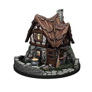Modelo 3D STL de cabaña rústica de bruja / Caldero y escoba: miniatura de terreno para juegos de rol (descarga digital)