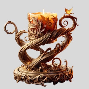 Puede incluir: Candelabro dorado y ornamentado con una vela encendida. El diseño presenta intrincados patrones de hojas y vides. Una pequeña mariposa dorada adorna una rama curvada, realzando el atractivo decorativo de esta pieza.