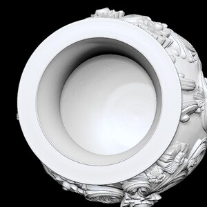 Pu&ograve; includere: Oggetto decorativo bianco e ornato con una grande apertura circolare. L'oggetto presenta dettagliati motivi floreali e a volute all'esterno. Il design &egrave; simmetrico e sembra un rendering 3D su sfondo nero.