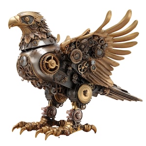 Può includere: Scultura di aquila in stile steampunk con intricati dettagli di ingranaggi e ruote dentate. L'aquila presenta toni bronzo e argento metallizzato, con ali spiegate e artigli dettagliati. Un pezzo decorativo unico.