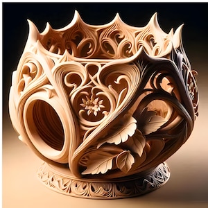 Op de afbeelding: Een gedetailleerde, lichtbruine houten kom met ingewikkelde gravures. De kom heeft bloemen- en bladerpatronen, een kroonachtige rand en een decoratieve basis. Het ontwerp bevat open ruimtes, waardoor een visueel aantrekkelijk, artistiek stuk ontstaat.
