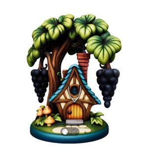 Op de afbeelding: Een grillig miniatuurfeeënhuisje met een blauw dak, bruine muren en een rond raam. Het huisje staat onder een boom met groene bladeren en hangende trossen paarse druiven. Paddestoelen en gras omringen de basis.