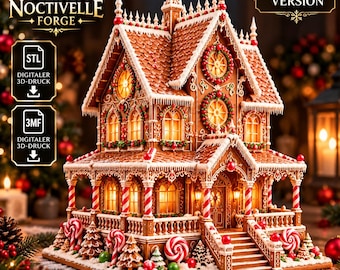 Pode incluir: Uma casa de gengibre de 240 mm da Noctivelle Forge com detalhes de glacê, colunas de bengalas doces e janelas iluminadas. O modelo inclui arquivos digitais de impressão 3D em formatos STL e 3MF, com guirlandas festivas e detalhes vermelhos.