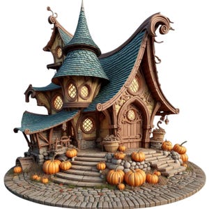 May include: A whimsical, detailed miniature house with a teal roof, a conical tower, and arched windows. The house is decorated with pumpkins and sits on a cobblestone base, evoking a Halloween or autumn theme.
