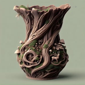 Peut inclure: Un vase brun détaillé en forme d'arbre avec des sculptures complexes. Le design comprend des champignons, de la mousse et un cerf. Le vase a un dessus évasé et une surface texturée, idéal pour la décoration intérieure.