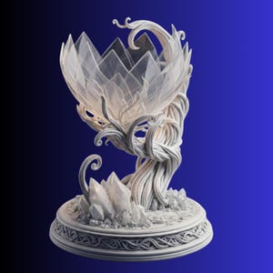 Puede incluir: Escultura blanca de fantasía con una estructura cristalina sobre una base en forma de árbol. La base está adornada con cristales y detalles intrincados. La escultura tiene un diseño orgánico detallado y un fondo azul oscuro.