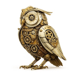 May include: A steampunk owl sculpture with intricate mechanical details. The owl is made from brass and silver-coloured metal, featuring gears, rivets, and a clock-like face. The sculpture has a detailed, industrial aesthetic.