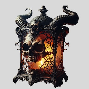 Puede incluir: Una linterna gótica detallada con un diseño de calavera. La linterna de metal oscuro presenta cuernos grandes, filigranas intrincadas y una parte delantera en forma de calavera. El interior brilla con luz cálida, creando un efecto dramático.