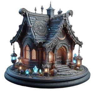 May include: A detailed, fantasy-style miniature house with intricate carvings and a dark gray color scheme. The house features glowing windows, hanging lanterns, and a base with crystals. The roof has decorative elements and the overall design is reminiscent of a magical cottage.