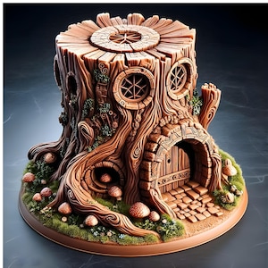 Puede incluir: Una detallada casa en miniatura con forma de tocón de árbol marrón, con una parte superior circular, ventanas redondas y una pequeña puerta arqueada. La base presenta hierba, setas y un camino empedrado, creando una estética caprichosa de cuento de hadas.