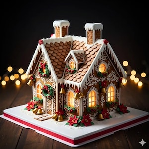 Könnte beinhalten: Ein detailliertes Lebkuchenhaus mit braunen Dachziegeln, weißen Zuckergussakzenten und dekorativen Kränzen. Das Haus verfügt über beleuchtete Fenster, goldene Glocken und rote Weihnachtssternblumen und schafft eine festliche Urlaubsszene.