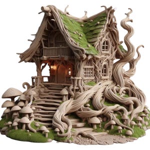 Op de afbeelding: Een grillig feeënhuisje met een mosbedekt dak en ingewikkelde houten details. Het huis heeft een veranda, ramen en een deur, allemaal gemaakt van natuurlijke materialen. Paddenstoelen en groen omringen de basis, wat een magische uitstraling creëert.