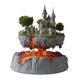 May include: A fantasy castle sculpture with a gray stone base and a floating island. The island features a detailed castle, trees, and a waterfall of orange lava. The base is a gray, rocky landscape with glowing lava.