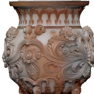 Pu&ograve; includere: Un grande vaso ornato con una base color crema e intricate sculture a rilievo nei toni del marrone. Il design presenta motivi floreali e a volute, con un ampio bordo decorativo. Il vaso ha un'estetica classica e antica.