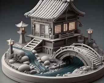 May include: A miniature Japanese-style temple scene. The gray structure features a multi-tiered roof, a bridge, and a flowing river. Lanterns and landscaping elements complete the serene, detailed diorama. The scene is set on a circular base.