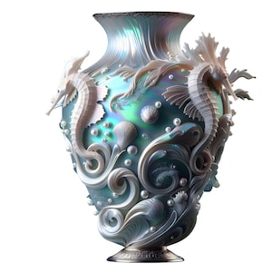 May include: A pearlescent vase with seahorse and seashell embellishments. The vase features a swirling design with a variety of textures, including pearls and sculpted waves. The color palette includes shades of blue, green, and silver.