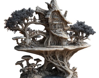 Könnte beinhalten: Detaillierte Skulptur eines skurrilen Baumhauses mit Brücke, Bäumen und Pilzen. Das Haus hat ein strukturiertes Dach und mehrere Fenster. Die Basis ist ein Netzwerk aus Wurzeln und ein kleiner Teich. Die Farbpalette ist überwiegend neutral.