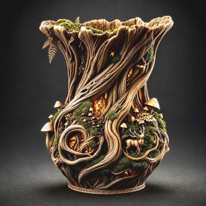 May include: A detailed, handcrafted vase shaped like a tree trunk, featuring intricate carvings of branches, mushrooms, and a deer. The vase is adorned with moss and has a warm, inviting glow emanating from within. The color palette is primarily earthy tones.