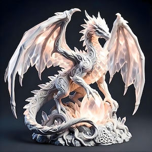 Puede incluir: Escultura de un dragón blanco con alas texturizadas y cuerpo cristalino. El dragón está posado sobre una base rocosa con un cristal brillante y un nudo celta visible. Un artículo decorativo de temática fantástica.