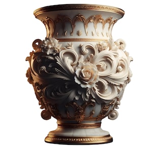 May include: A large, ornate white vase with gold accents. The vase features intricate floral and scrollwork designs, including prominent rose and leaf motifs. The base and rim are also adorned with gold detailing, creating a luxurious aesthetic.
