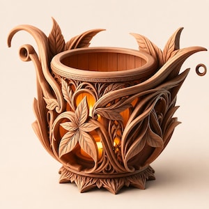 Op de afbeelding: Een gesneden houten kandelaar met ingewikkelde bloemen- en bladerenontwerpen. De warme bruine tinten van het hout worden benadrukt door het licht dat van binnenuit komt. De gedetailleerde gravure creëert een decoratief en artistiek stuk.
