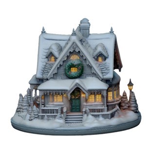May include: A detailed, snow-covered miniature house with a green front door and a wreath. The house has multiple windows with warm, inviting light. A small lamp post and miniature evergreen trees are on the side.