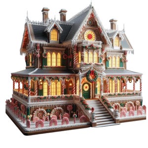 Peut inclure: Une maison en pain d'épices à plusieurs étages, ornée de glaçage blanc, de cannes en sucre et de couronnes festives. La maison a des fenêtres éclairées, un toit gris foncé et une porte d'entrée verte. Le design est festif et sur le thème des fêtes.