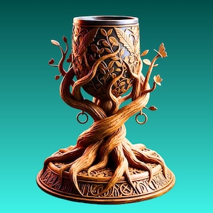May include: Ornate chalice with a dark interior, detailed with gold-colored leaves and a butterfly. The chalice is supported by a tree-like structure with intertwined branches and a circular base with carved patterns. The overall design is a blend of nature and artistry.