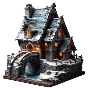 May include: A miniature stone house with a bridge, covered in snow. The house has a blue-gray tiled roof, multiple windows with warm interior lighting, and a chimney. The bridge spans a small stream, and the scene is set on a wooden base.