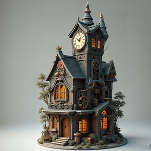 Può includere: Una casa in miniatura dettagliata in stile steampunk con una torre dell'orologio. La casa presenta intricati dettagli architettonici, tra cui ingranaggi, finestre ornate con calda illuminazione interna e un quadrante dell'orologio. La tavolozza dei colori include sfumature di grigio, marrone e rame.