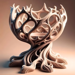 Puede incluir: Una escultura abstracta de color beige claro con una base en forma de árbol y una parte superior calada en forma de cuenco. El diseño presenta intrincados patrones arremolinados y un acabado liso y mate. La escultura es un objeto decorativo único.