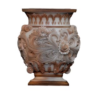 Pu&ograve; includere: Un grande vaso ornato con un elaborato motivo floreale e a volute. Il vaso &egrave; di colore beige chiaro con dettagli marroni ed &egrave; probabilmente realizzato in pietra o materiale simile. Il design include rose e altri fiori.