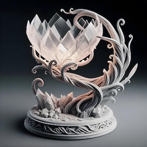 Może przedstawiać: Szczegółowa rzeźba przedstawiająca kryształowy kwiat. Rzeźba ma podstawę ze skomplikowanymi wzorami, wspierającą strukturę skręconych pnączy i duży, fasetowany kryształowy kwiat. Paleta kolorów to głównie biały i jasnoróżowy.