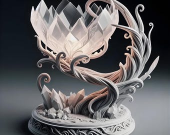 Può includere: Una scultura dettagliata con un design a fiore di cristallo. La scultura ha una base con motivi intricati, che supporta una struttura di viti contorte e un grande fiore di cristallo sfaccettato. La tavolozza dei colori è principalmente bianca e rosa chiaro.