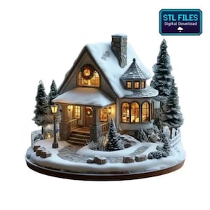 May include: A miniature winter scene featuring a snow-covered house with a wreath on the door and windows. The house has a chimney, a porch, and a lamp post. The scene includes evergreen trees and the text "STL FILES Digital Download".