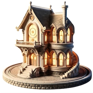 May include: A detailed, light-colored miniature house with arched windows, a spiral staircase, and a chimney. The house features a balcony, ornate detailing, and a circular base. The windows glow with a warm, inviting light, suggesting an interior.