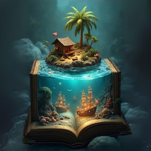 Könnte beinhalten: Fantasievolle Illustration eines offenen Buches mit einer Insel-Szene. Ein kleines Holzhaus mit roter Flagge steht auf einer Sandinsel mit einer Palme. Zwei Schiffe segeln im klaren blauen Wasser innerhalb des Buches.