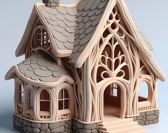 Könnte beinhalten: Ein detailliertes Miniaturhaus in hellen Farben mit einem skurrilen Design. Das Haus hat einen Steinsockel, gewölbte Fenster und ein Schindeldach. Die Haustür wird von einer verzierten, astähnlichen Struktur umrahmt. Die Gesamtästhetik erinnert an ein Märchenhaus.