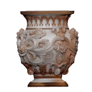 Pu&ograve; includere: Un grande vaso ornato con un corpo color crema e intricate sculture a rilievo. Le sculture presentano disegni floreali e fogliari in una calda tonalit&agrave; marrone-rossastra, con accenti dorati. Il vaso ha un bordo e una base ampi e decorativi.