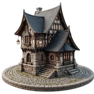May include: A detailed miniature model of a medieval-style house. The house features a stone base, timber-framed walls, and a dark grey tiled roof. A small lantern hangs from the front, and the house sits on a circular stone base.