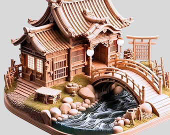 May include: A detailed wooden miniature of a Japanese temple with a curved bridge over a flowing river. The model features intricate carvings, a torii gate, and a small table. The scene is set on a base with rocks and greenery.