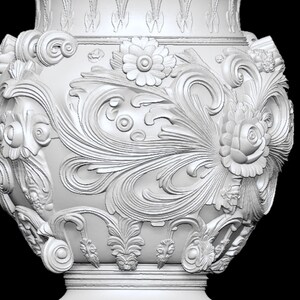 Pu&ograve; includere: Un vaso bianco e ornato con dettagliati rilievi floreali e a volute. Il design presenta grandi fiori, foglie a spirale e abbellimenti decorativi. Il vaso ha un corpo largo e una base dettagliata.