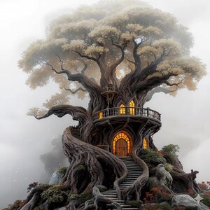 Puede incluir: Una casa en el árbol de fantasía con una escalera de caracol. El tronco y las ramas del árbol son de color marrón oscuro, con un dosel de color claro. La casa del árbol tiene ventanas brillantes y una puerta de madera.