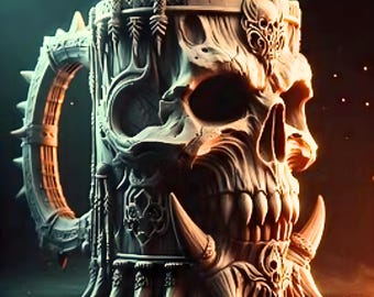 May include: A detailed, sculpted mug in the shape of a skull, with a handle featuring spikes. The mug is primarily off-white with darker shading, giving it a three-dimensional appearance. The design includes intricate carvings and a textured surface.
