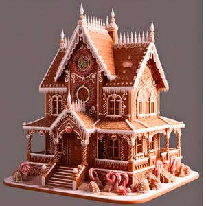 May include: A detailed gingerbread house with brown walls, white icing trim, and a brown roof. The house features multiple windows, a porch, and candy cane decorations. The overall design is festive and intricate, perfect for the holiday season.