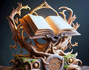 Puede incluir: Un atril de madera tallada con un diseño de árbol, sosteniendo un libro abierto. El diseño incluye ramas, raíces y un emblema circular decorativo. Las páginas del libro están iluminadas, creando un brillo cálido.