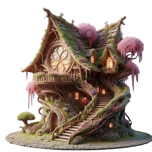 Könnte beinhalten: Ein märchenhaftes Holzhaus, bedeckt mit üppigem Grün und rosa blühenden Bäumen. Es hat ein großes, kreisförmiges Buntglasfenster, eine Wendeltreppe und einen Steinsockel, was eine märchenhafte Atmosphäre erzeugt.