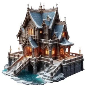 Könnte beinhalten: Ein detailliertes Miniaturmodell eines Hauses im gotischen Stil mit blauem Dach, Schnee und komplizierten architektonischen Details. Das Haus verfügt über mehrere Ebenen, gewölbte Fenster und eine Brücke über einem Gewässer. Warmes Licht strahlt aus den Fenstern.